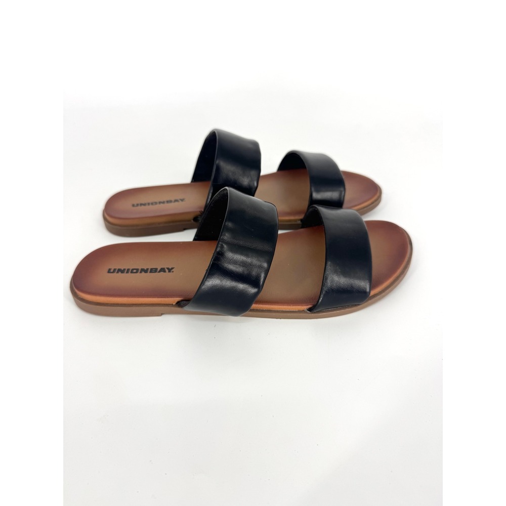 Unionbay Refresh Black Two Strap Slide Sandals Womens 9 Flat Brown Sole